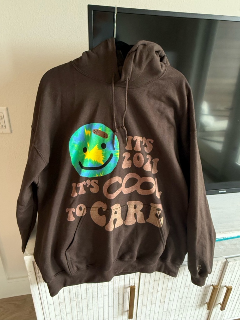 LONELY GHOST Brown Crewneck Hoodie with Iridescent Green-Yellow Smiley